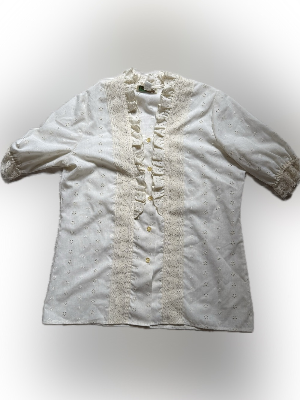 Women's Vintage Ivory Eyelet Ruffle Button-Up Blouse